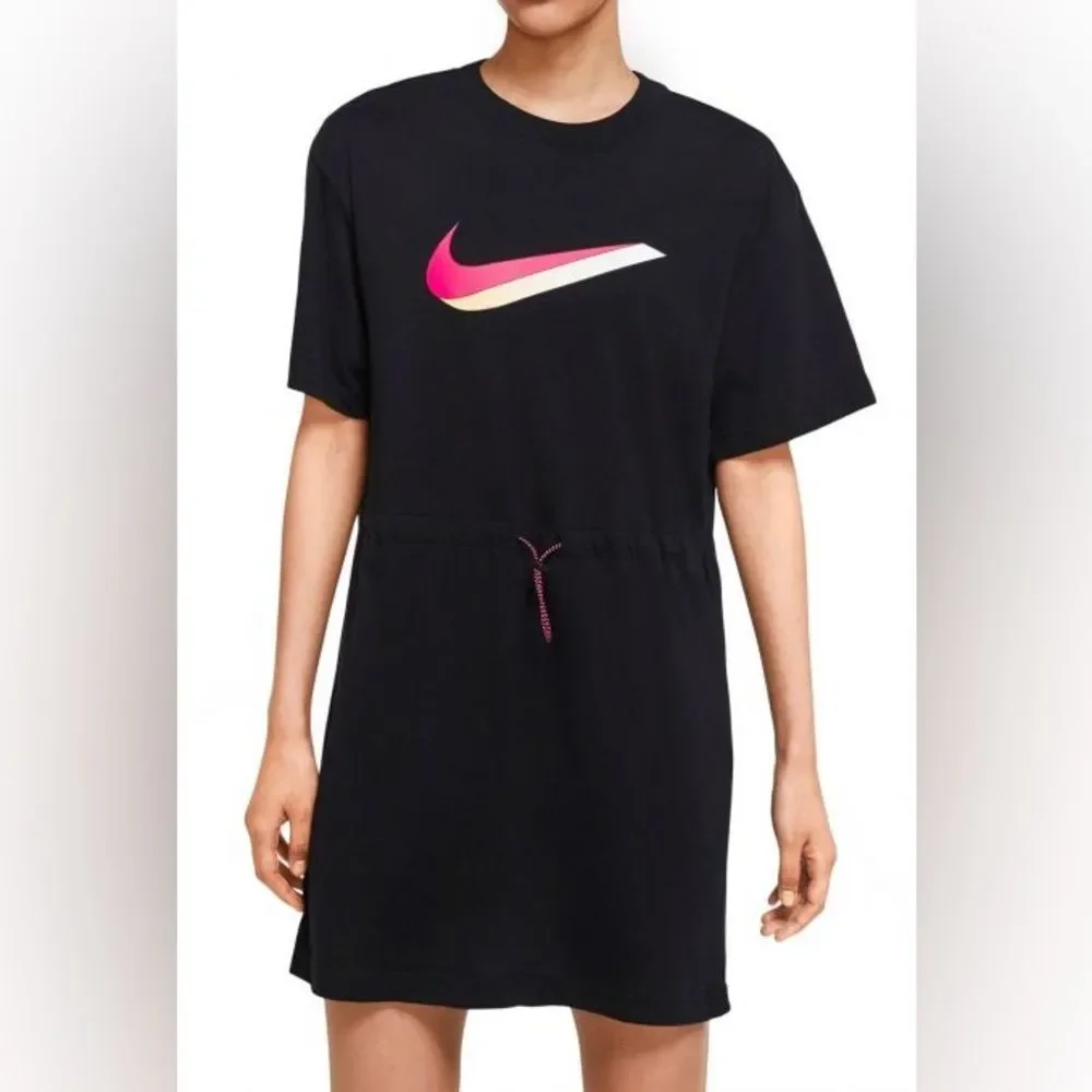 Nike Icon Clash T-Shirt Dress Black Drawstring Waist Crewneck Sportswear Sz 2X
